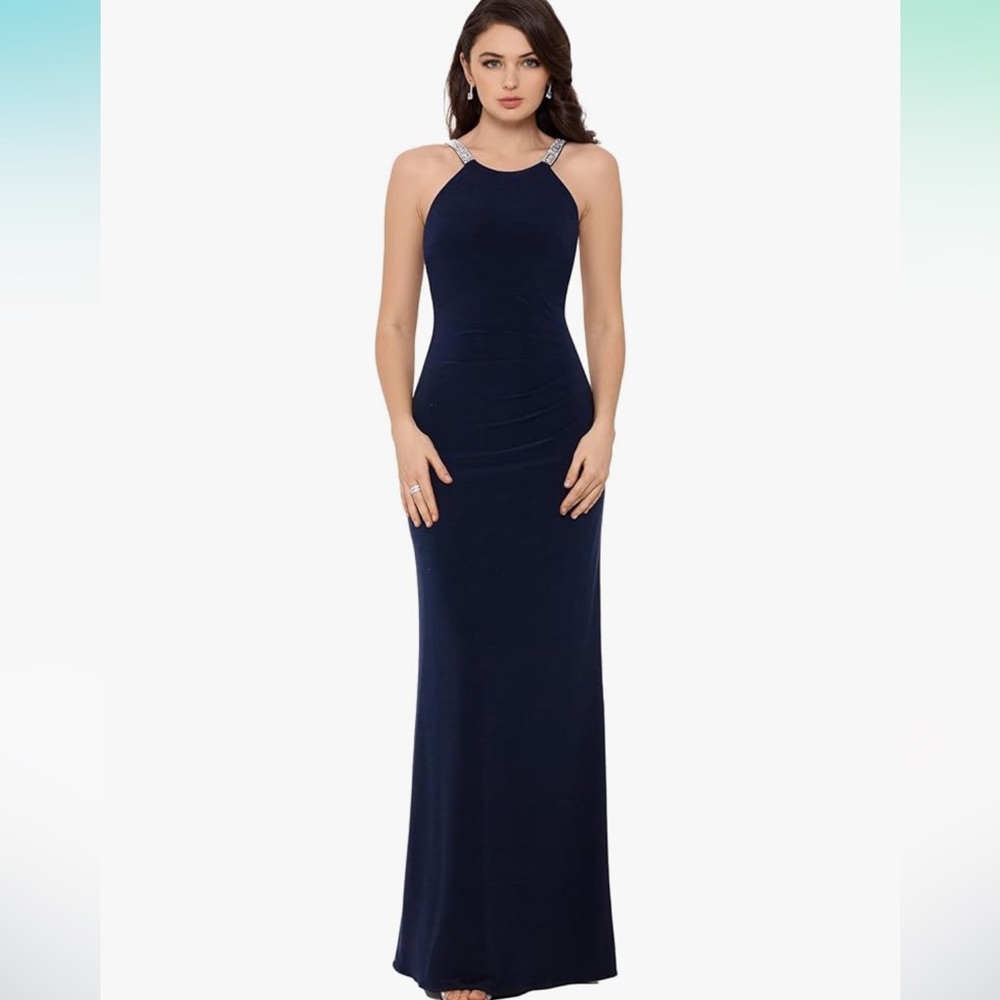 Betsy & Adam Elegant Navy Blue Evening Gown